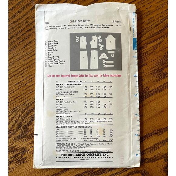 Vintage 1960s Butterick 3851 Sewing Pattern Size XS Long Sleeve Dress COMPLETE - Picture 2 of 2